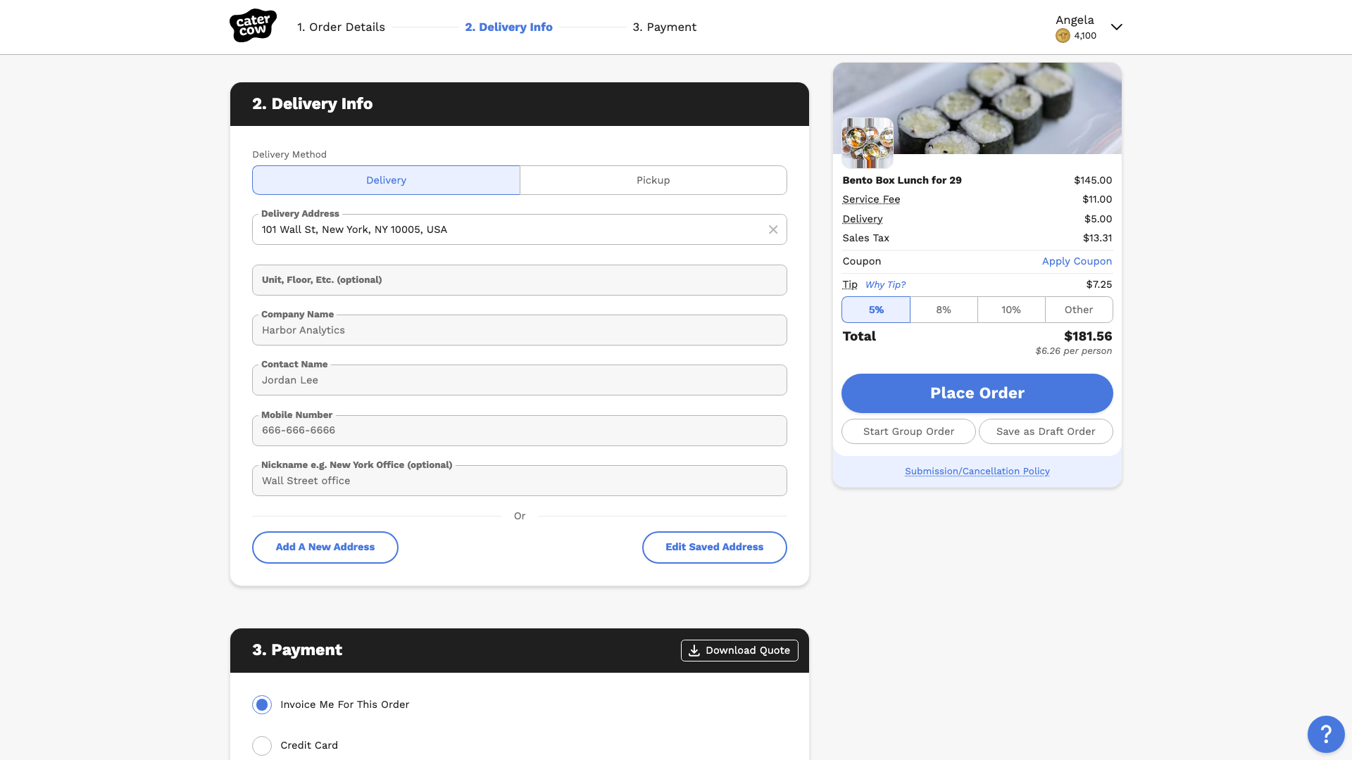 The Delivery Info section at checkout with a saved address selected, its contact fields grayed out, and the Add A New Address and Edit Saved Address buttons below