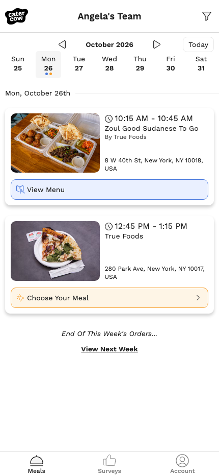 The meal calendar for the month, with a tile for each group meal
