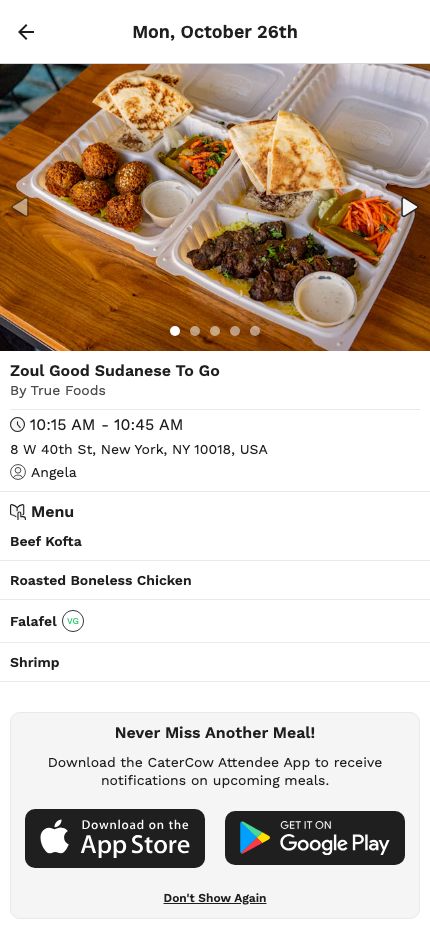 The menu for a group meal opened from a View Menu tile