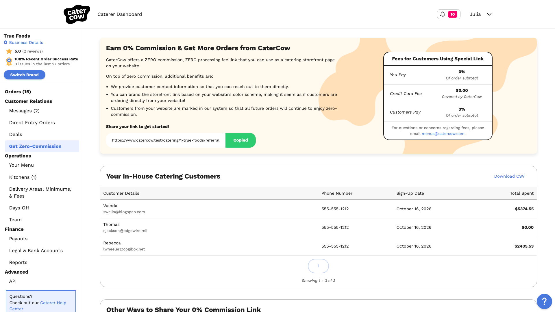 The Your In-House Catering Customers list with the Download CSV link