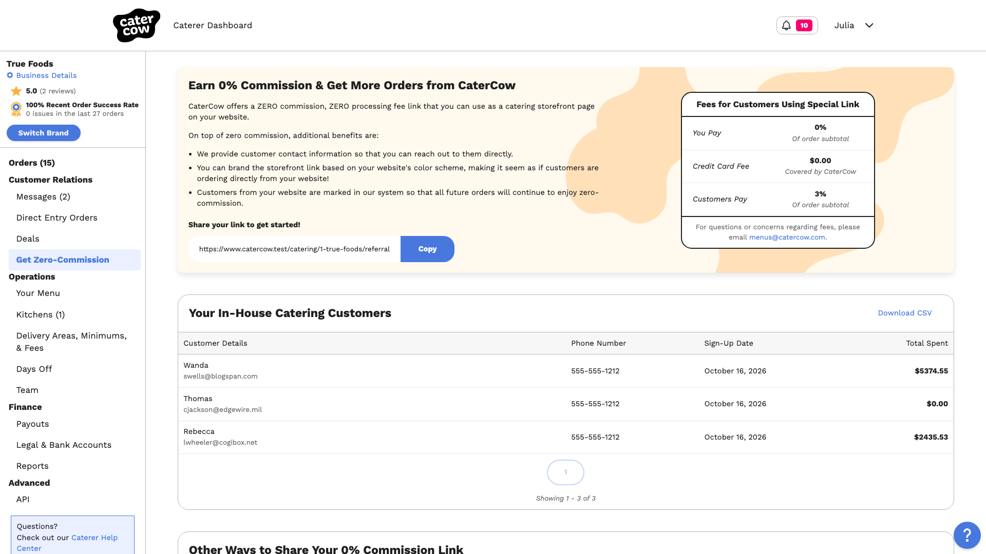 The Get Zero-Commission page with the referral link, the Copy button, and the fees table
